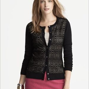 Banana Republic Cardigan XS Black Lace Front Wool Blend Minimalist Chic Elegant